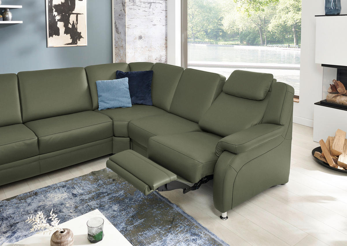 WOHNLANDSCHAFT Echtleder Olivgrün  - Alufarben/Olivgrün, Konventionell, Leder/Metall (165/329/239cm) - Beldomo Premium