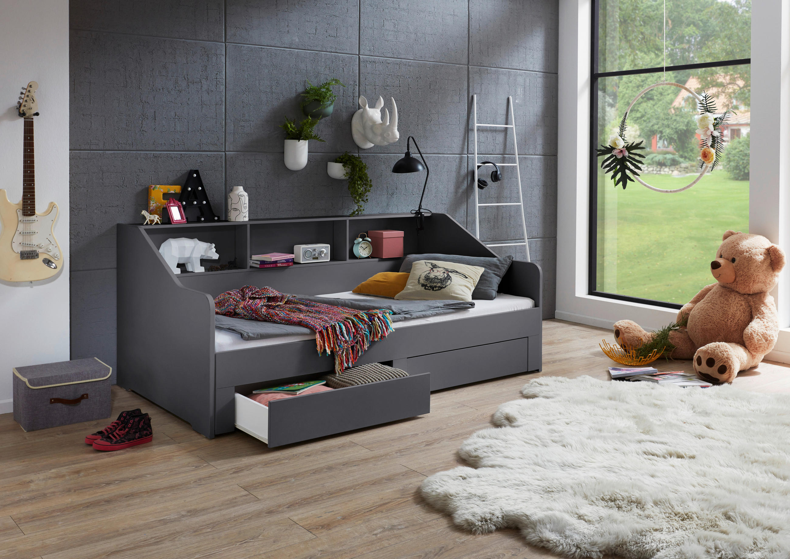 AUSZIEHBETT 90-180/200 cm  in Anthrazit  - Anthrazit/Buchefarben, KONVENTIONELL, Holzwerkstoff (90-180/200cm) - Carryhome