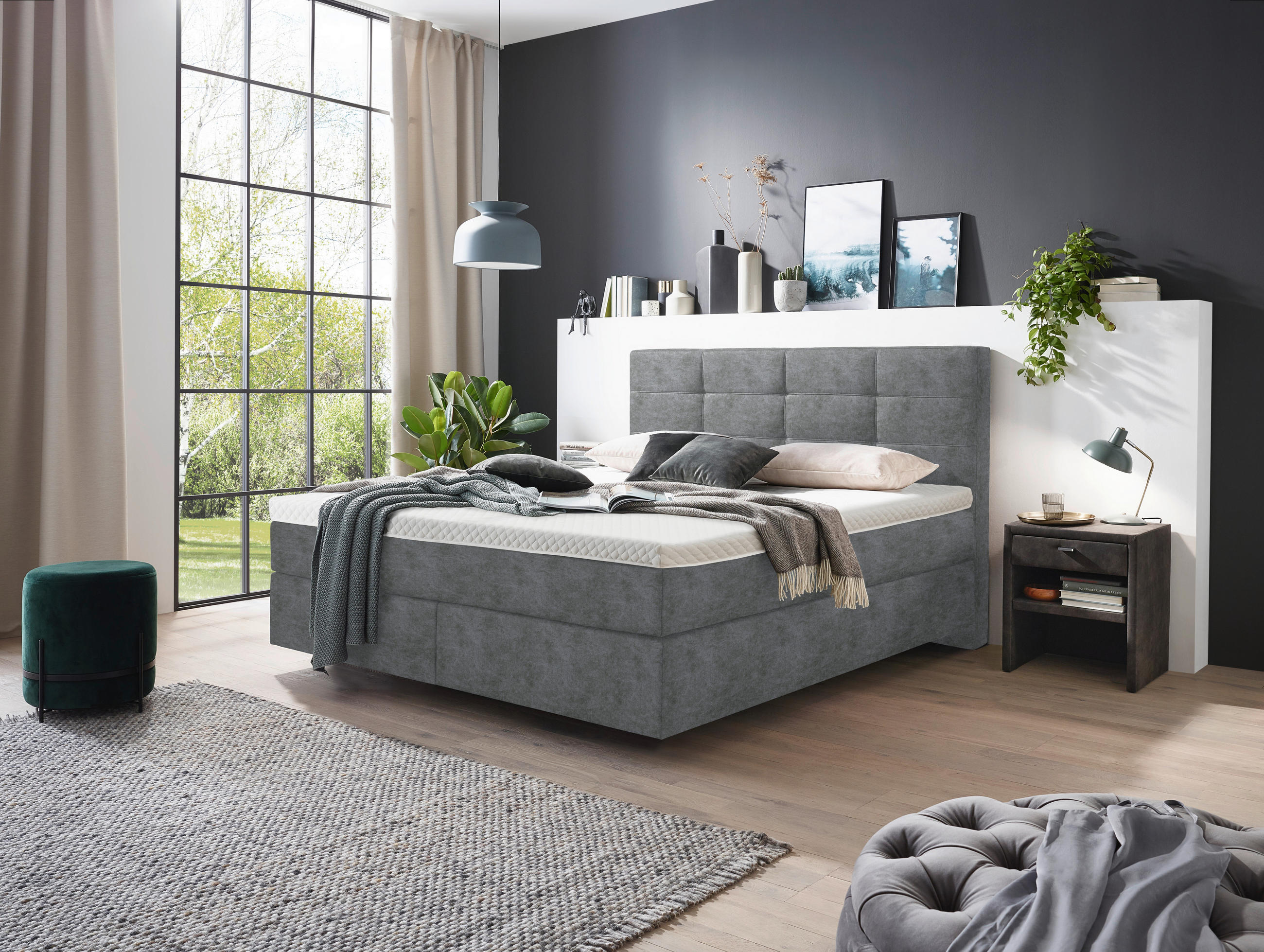 Thumbnail - Voleo Boxspringbett, Grau, Textil, H3 + H4, 7-Zonen, Höhe ca. 18 cm, 200x200 cm, Über- und Sondergrößen erhältlich, gepo...