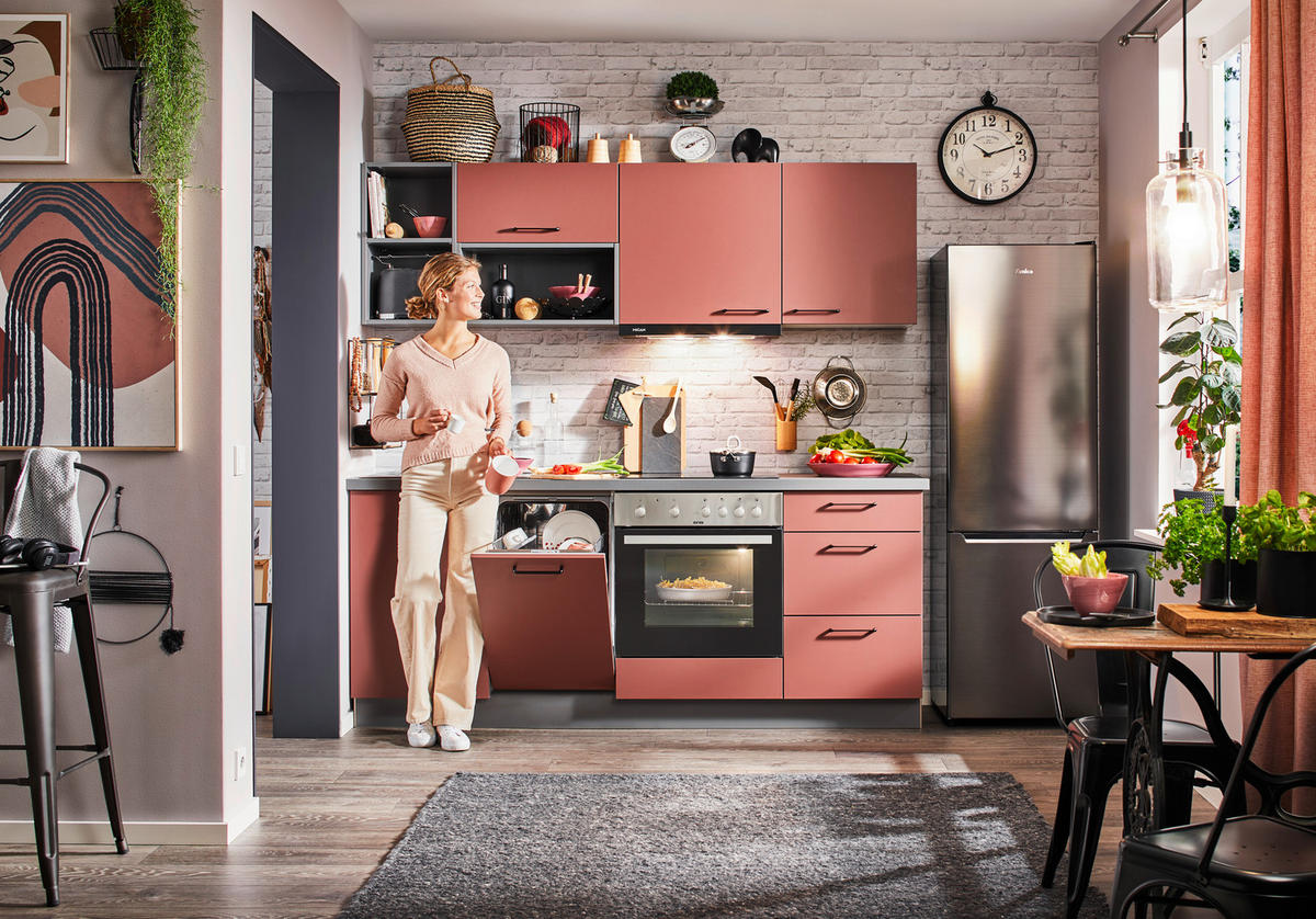 KÜCHENLEERBLOCK 205 cm   in Rot  - Rot/Schwarz, KONVENTIONELL, Holzwerkstoff/Metall (205cm) - Welnova