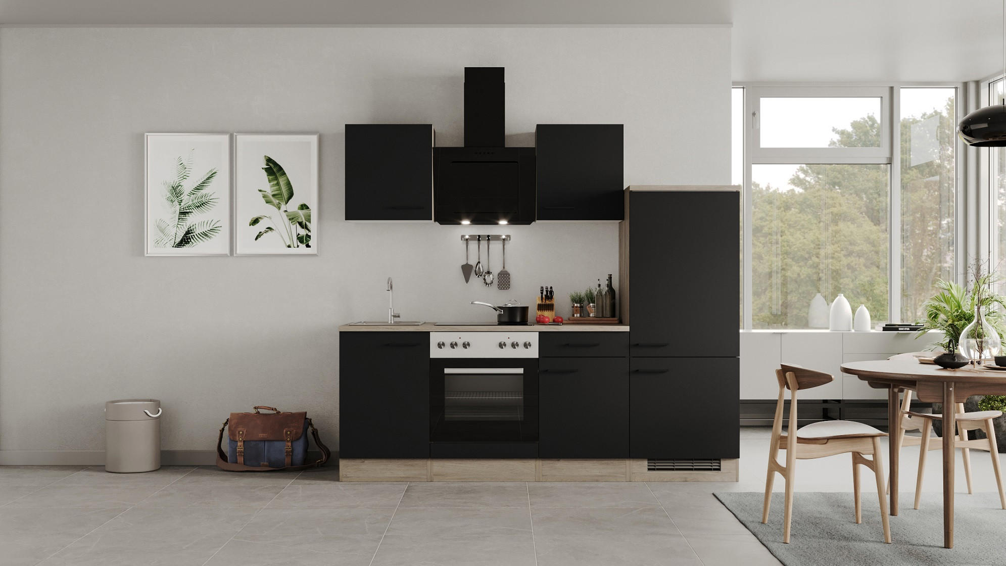 KÜCHENBLOCK 220 cm   in Schwarz, Eichefarben  - Eichefarben/Schwarz, MODERN, Holzwerkstoff/Metall (220cm) - FlexWell