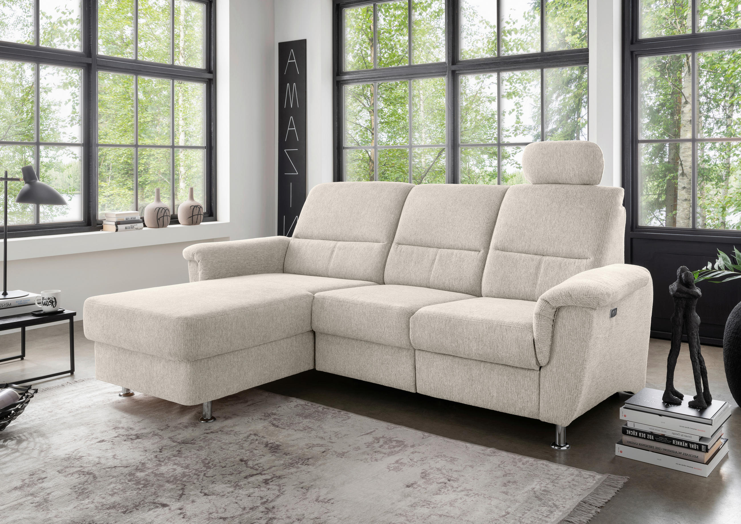 ECKSOFA in Chenille Beige  - Chromfarben/Beige, Modern, Textil/Metall (165/231cm) - Livetastic
