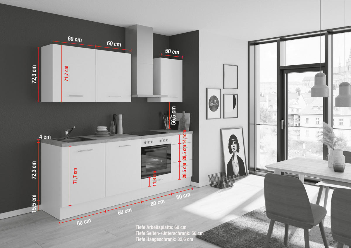 KÜCHENBLOCK 230 cm   in Eichefarben, Dunkelgrau  - Edelstahlfarben/Eichefarben, Design, Holzwerkstoff/Metall (230cm) - Impuls