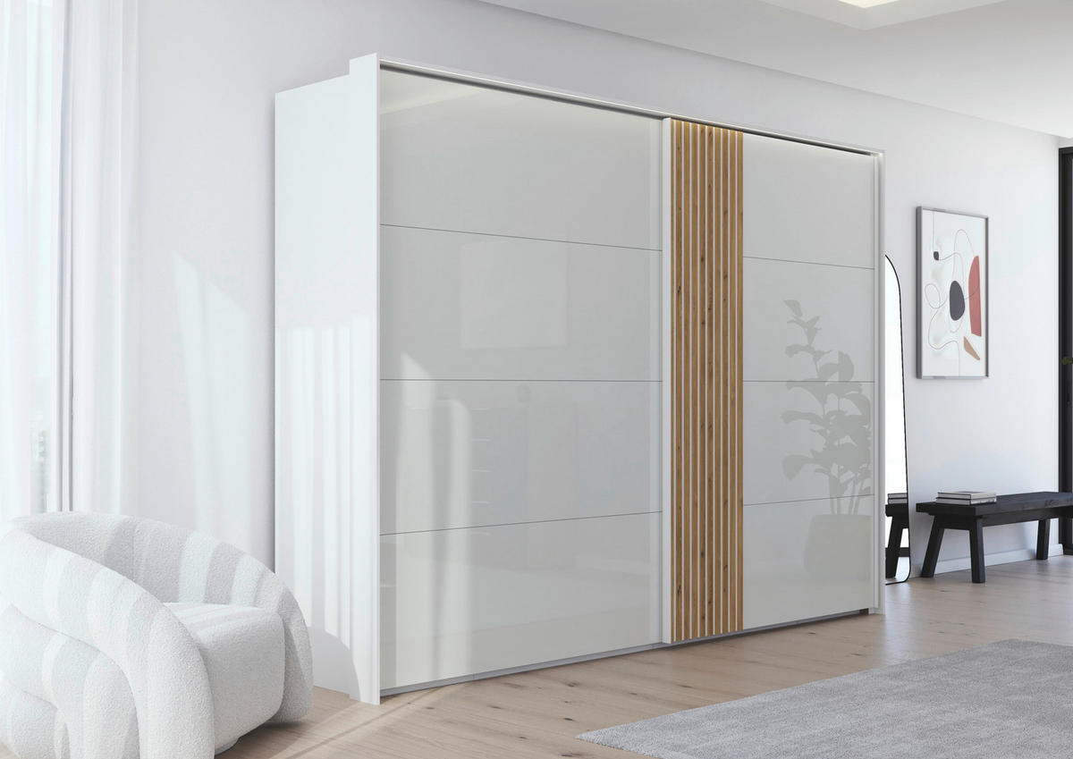 SCHWEBETÜRENSCHRANK  in Weiß, Eichefarben  - Eichefarben/Weiß, Design, Glas/Holzwerkstoff (301/223/68cm) - Novel