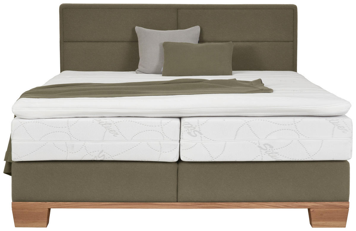 BOXSPRINGBETT 180/200 cm,  in Eichefarben, Dunkelgrün, Matratze, Topper, unterschiedliche Matratzenhärtegrade je Bettseite, H3 + H4 = fest + sehr fest  - Dunkelgrün/Eichefarben, Natur, Holz/Textil (180/200cm) - Valnatura