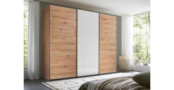 SCHWEBETÜRENSCHRANK 249/222/68 cm 3-türig Alufarben, Eiche Artisan, Weiß Hochglanz - Weiß Hochglanz/Alufarben, MODERN, Holzwerkstoff/Metall (249/222/68cm) - Moderano