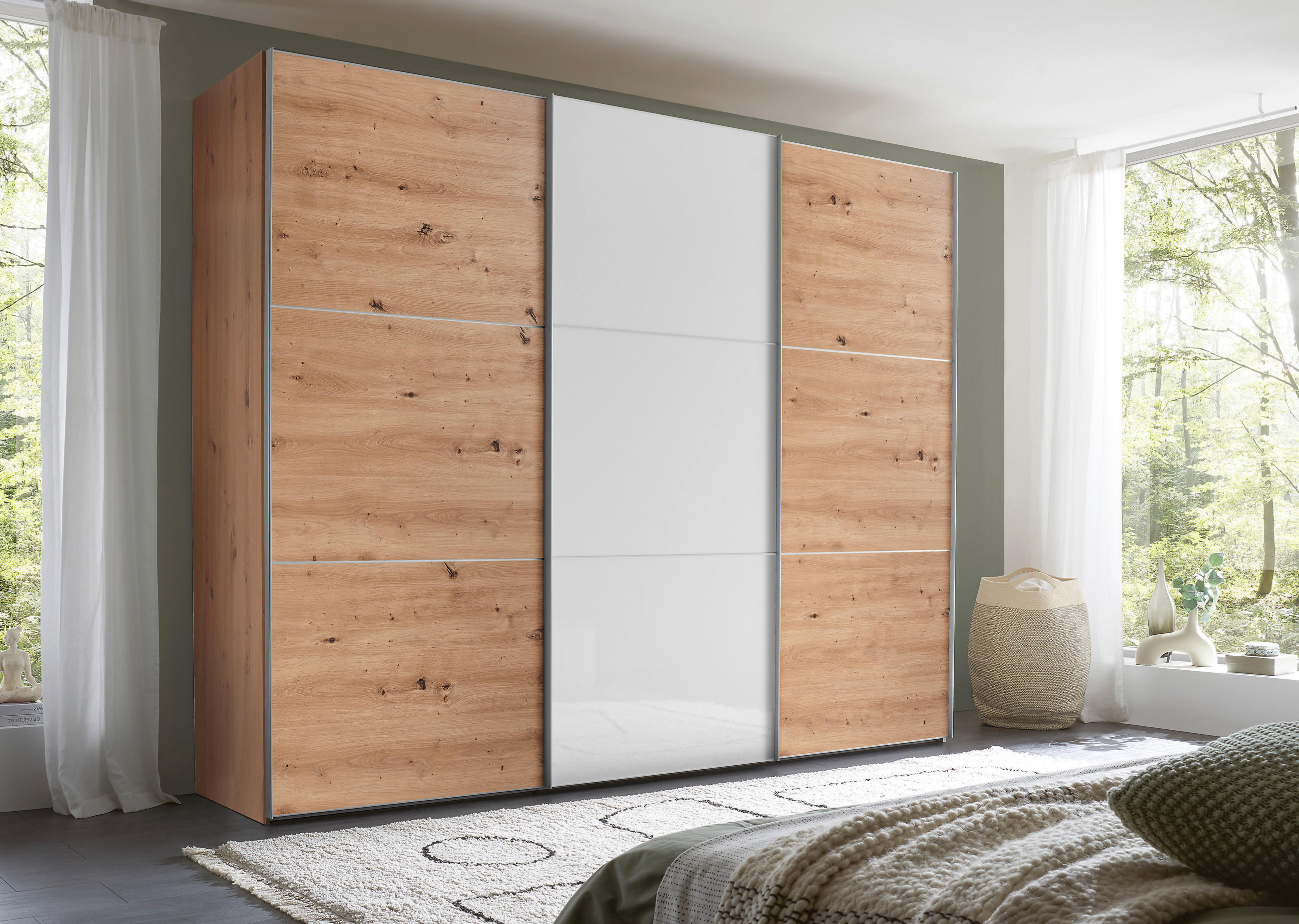SCHWEBETÜRENSCHRANK 249/222/68 cm 3-türig Alufarben, Eiche Artisan, Weiß Hochglanz  - Weiß Hochglanz/Alufarben, MODERN, Holzwerkstoff/Metall (249/222/68cm) - Moderano