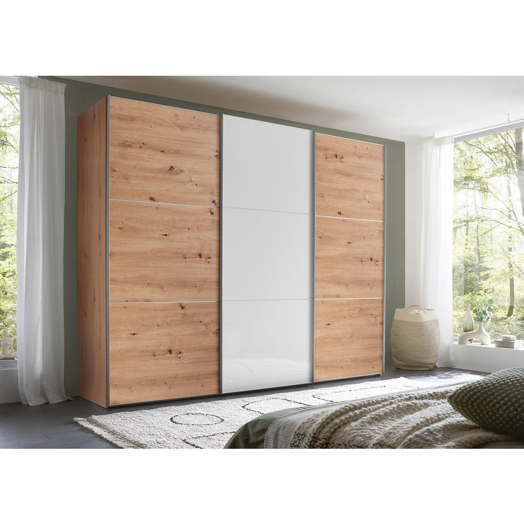 Thumbnail - Moderano Schwebetürenschrank, Alu, Eiche Artisan, Weiß Hochglanz, Holzwerkstoff, 10 Fächer, 2 Schubladen, 280x222x68 cm,...