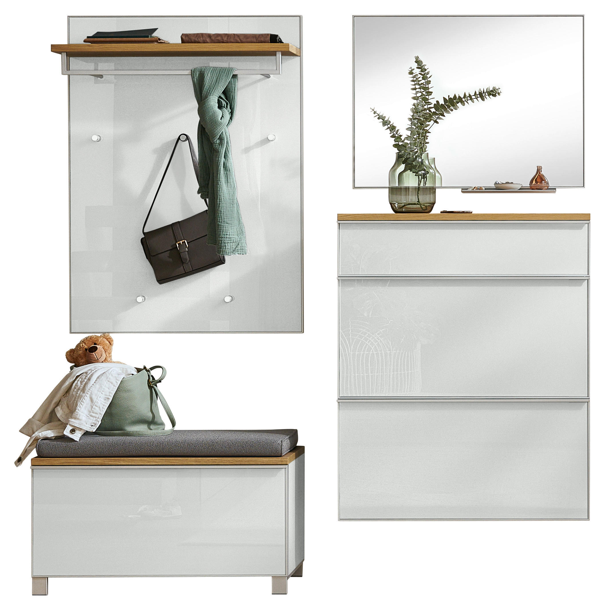 GARDEROBE 6-teilig in 190/195/40 cm - Alufarben/Weiß, Design, Glas/Holz (190/195/40cm)