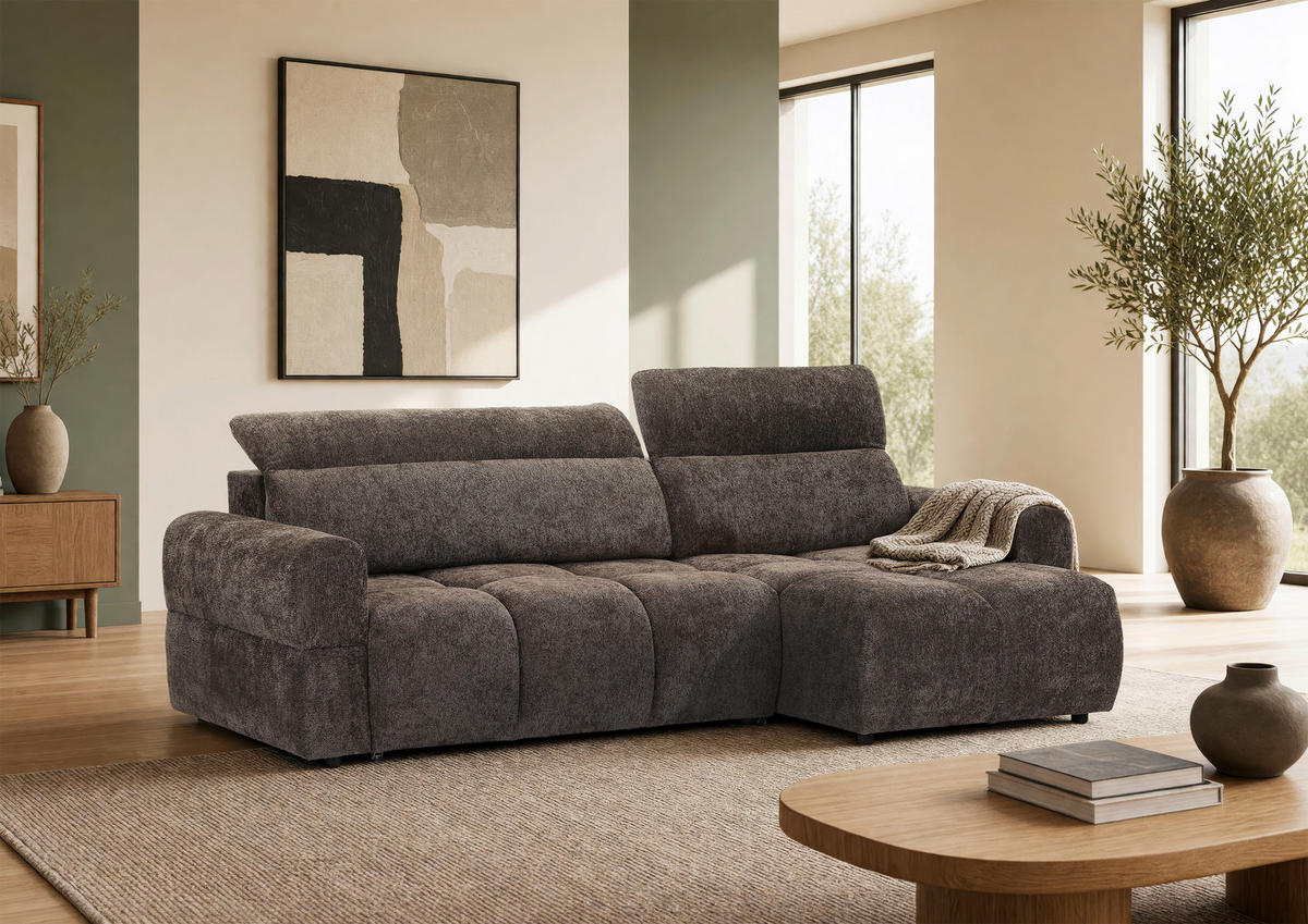 ECKSOFA Dunkelbraun Chenille Bettkasten, Rücken echt, Kopfteilverstellung, Sitztiefenverstellung  - Dunkelbraun/Schwarz, MODERN, Kunststoff/Textil (268/165cm) - Carryhome