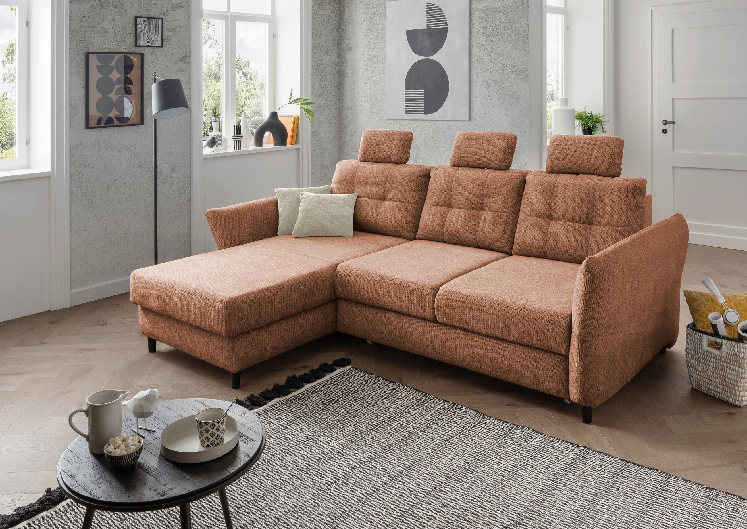 ECKSOFA Koralle Chenille  - Koralle/Beige, MODERN, Holz/Textil (176/250-280cm) - Livetastic