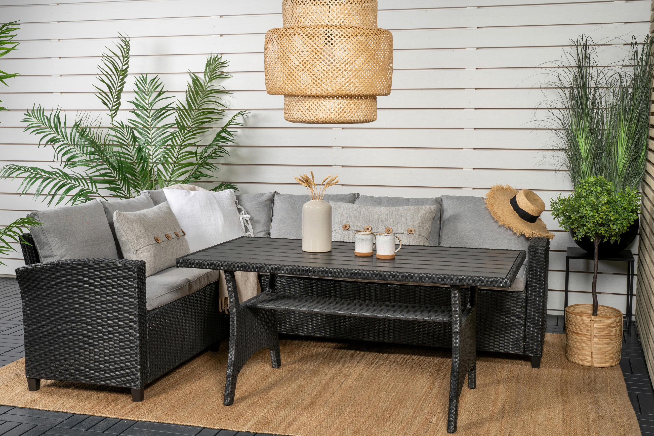 DINING-LOUNGESET 173/227 cm  - Schwarz, KONVENTIONELL, Kunststoff (173/227cm) - Gardenson