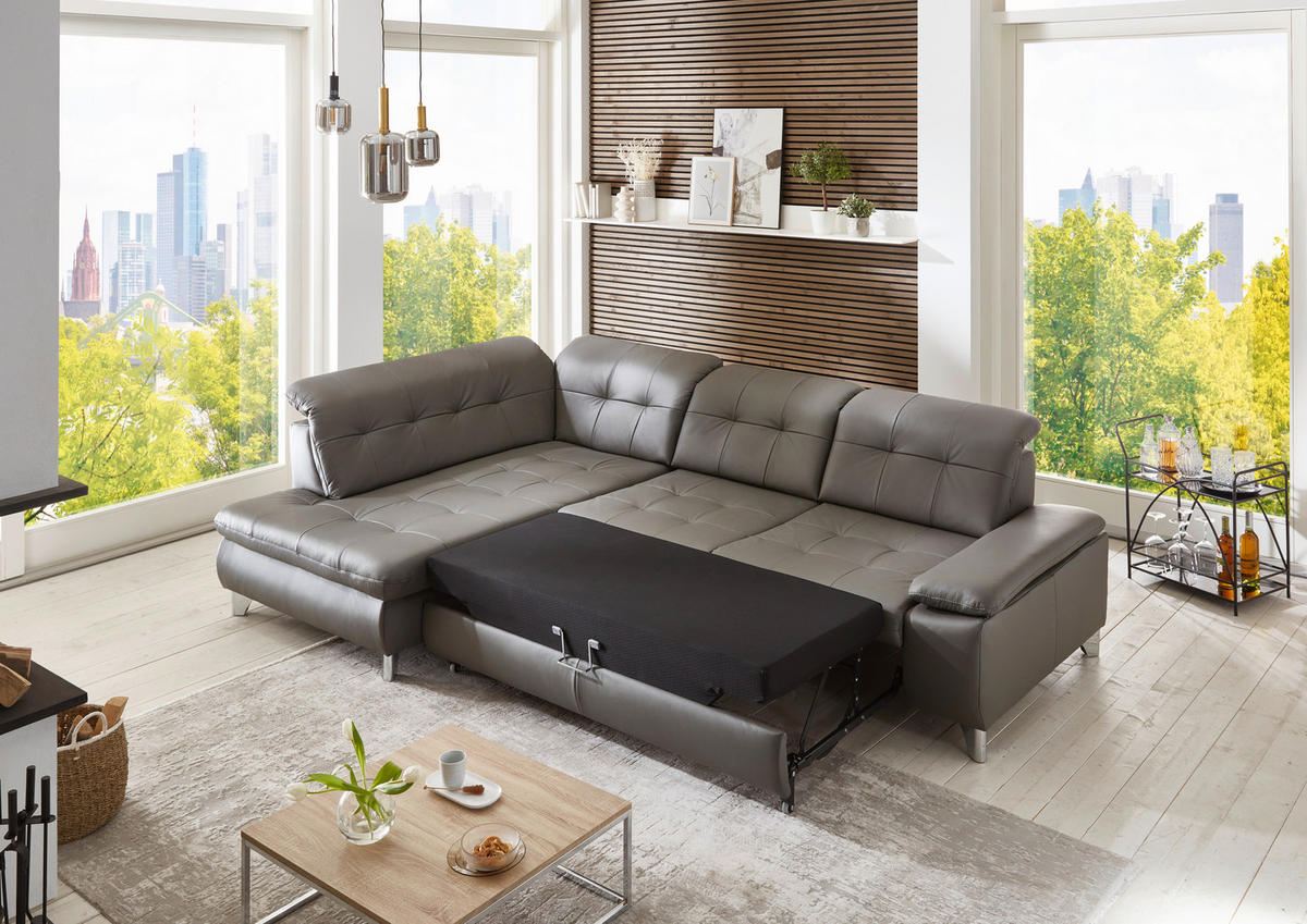 ECKSOFA in Echtleder Grau  - Grau, Basics, Leder/Metall (211/309cm) - Beldomo Speed