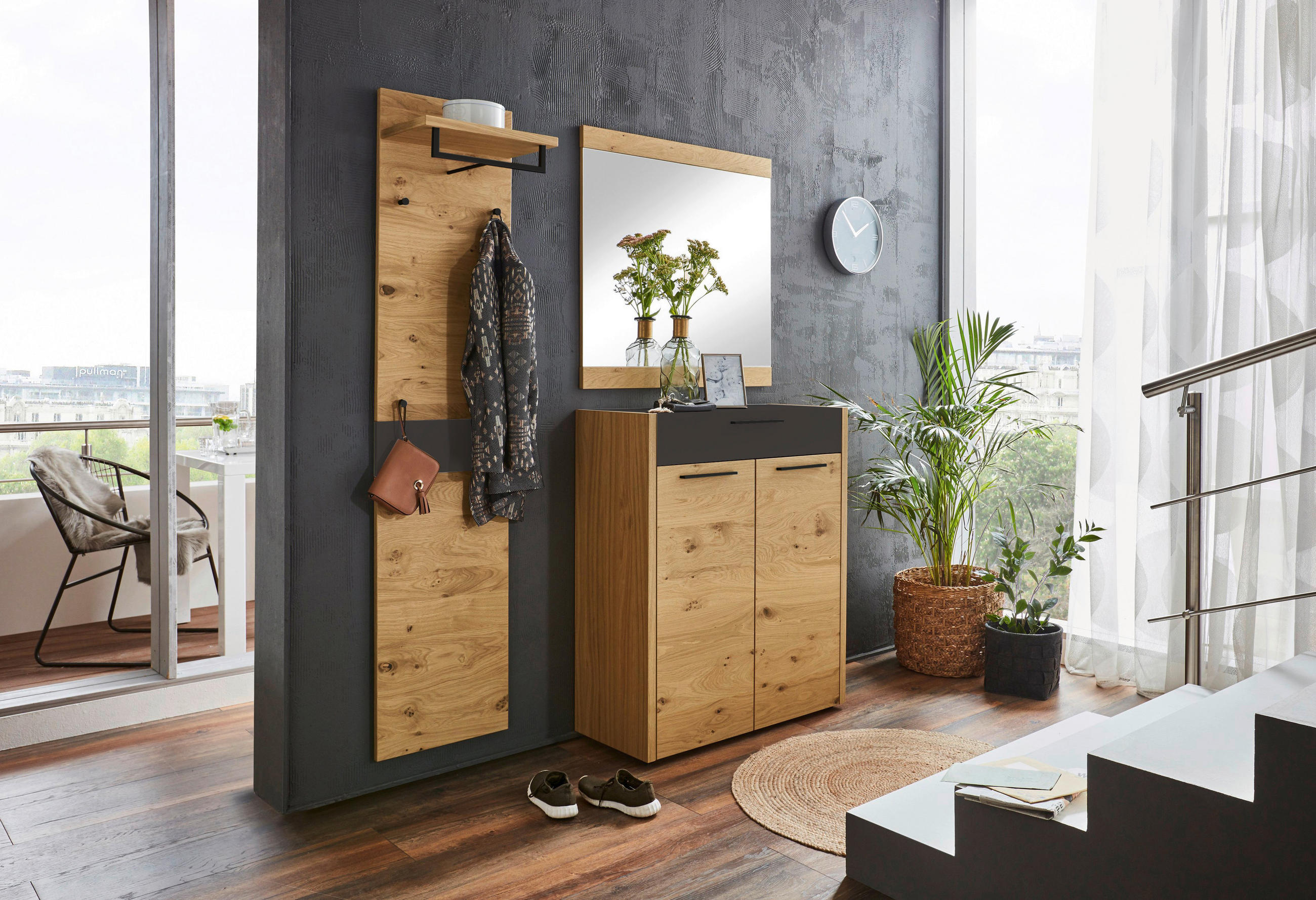 GARDEROBE 3-teilig  in 140/195/37 cm  - Eichefarben/Schwarz, Design, Glas/Holz (140/195/37cm)