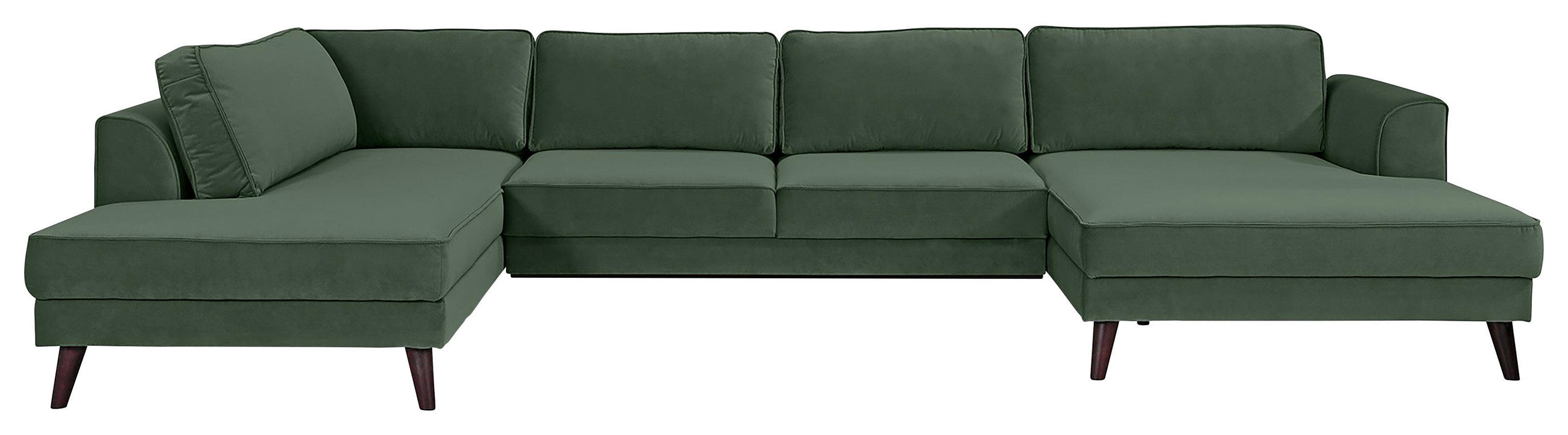 WOHNLANDSCHAFT Dunkelgrün Velours - Wengefarben/Dunkelgrün, MODERN, Holz/Textil (201/348/169cm) - Trendmanufaktur