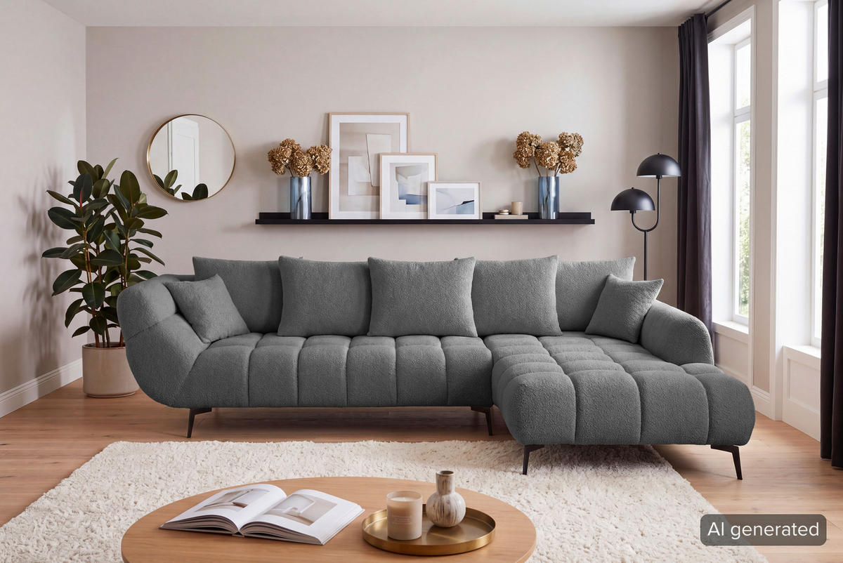 ECKSOFA 318/217 cm  in Bouclé Grau Zierkissen, Rückenkissen, Rücken echt  318/217 cm  - Schwarz/Grau, MODERN, Textil/Metall (318/217cm) - Carryhome