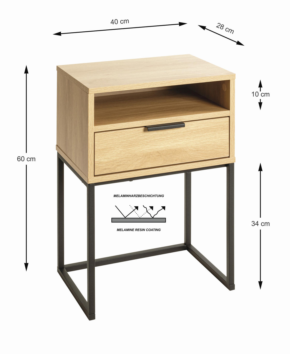 NACHTSCHRANK 40/60/28 cm  - Eichefarben/Schwarz, MODERN, Holzwerkstoff/Metall (40/60/28cm)