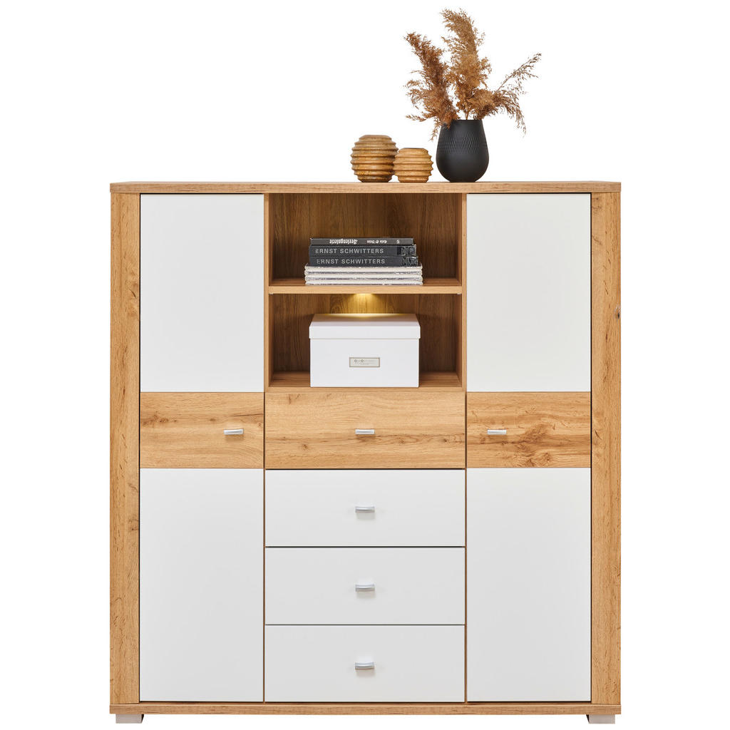 Thumbnail - Ti'me Highboard, Weiß, Eiche, Metall, 5 Fächer, 4 Schubladen, 114x123x38 cm, Beimöbel erhältlich, stehend, Wohnzimmer, K...