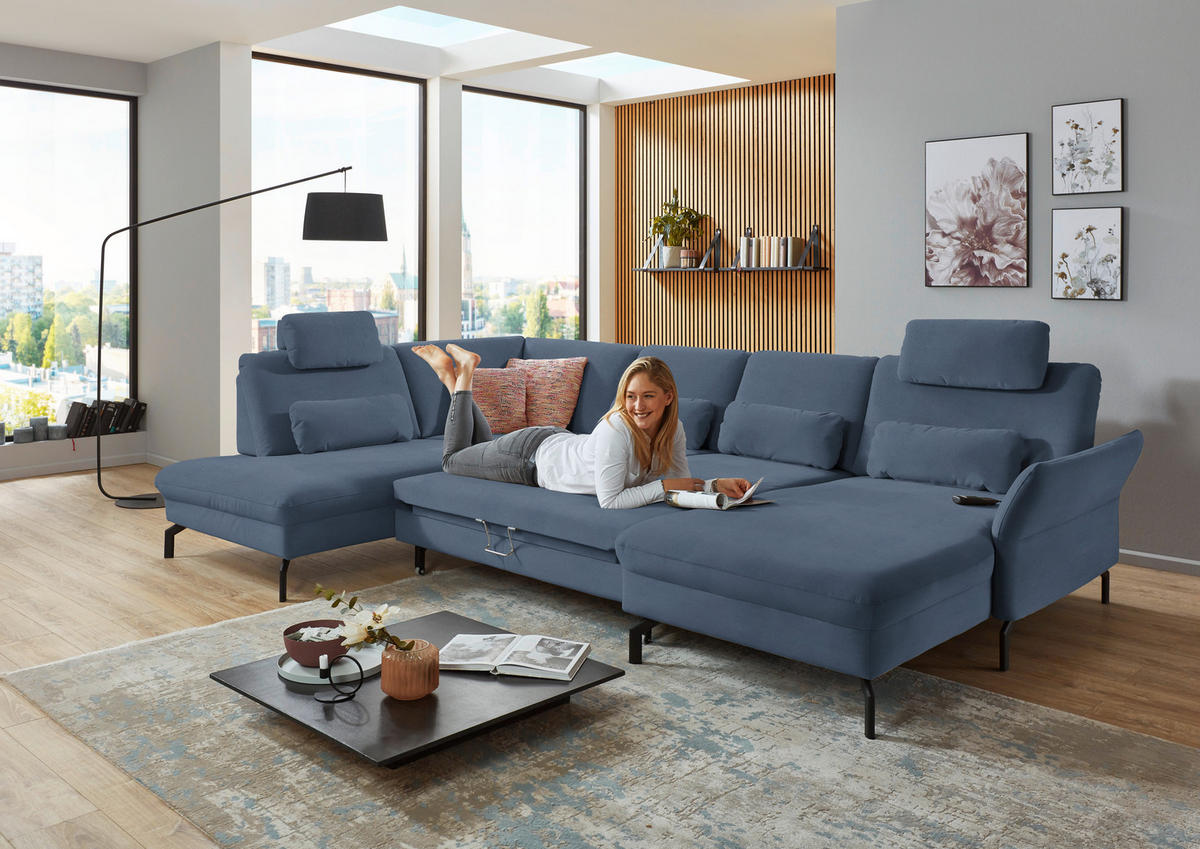 WOHNLANDSCHAFT in Velours Hellblau  - Schwarz/Hellblau, Design, Textil/Metall (220/335/179cm) - Beldomo System