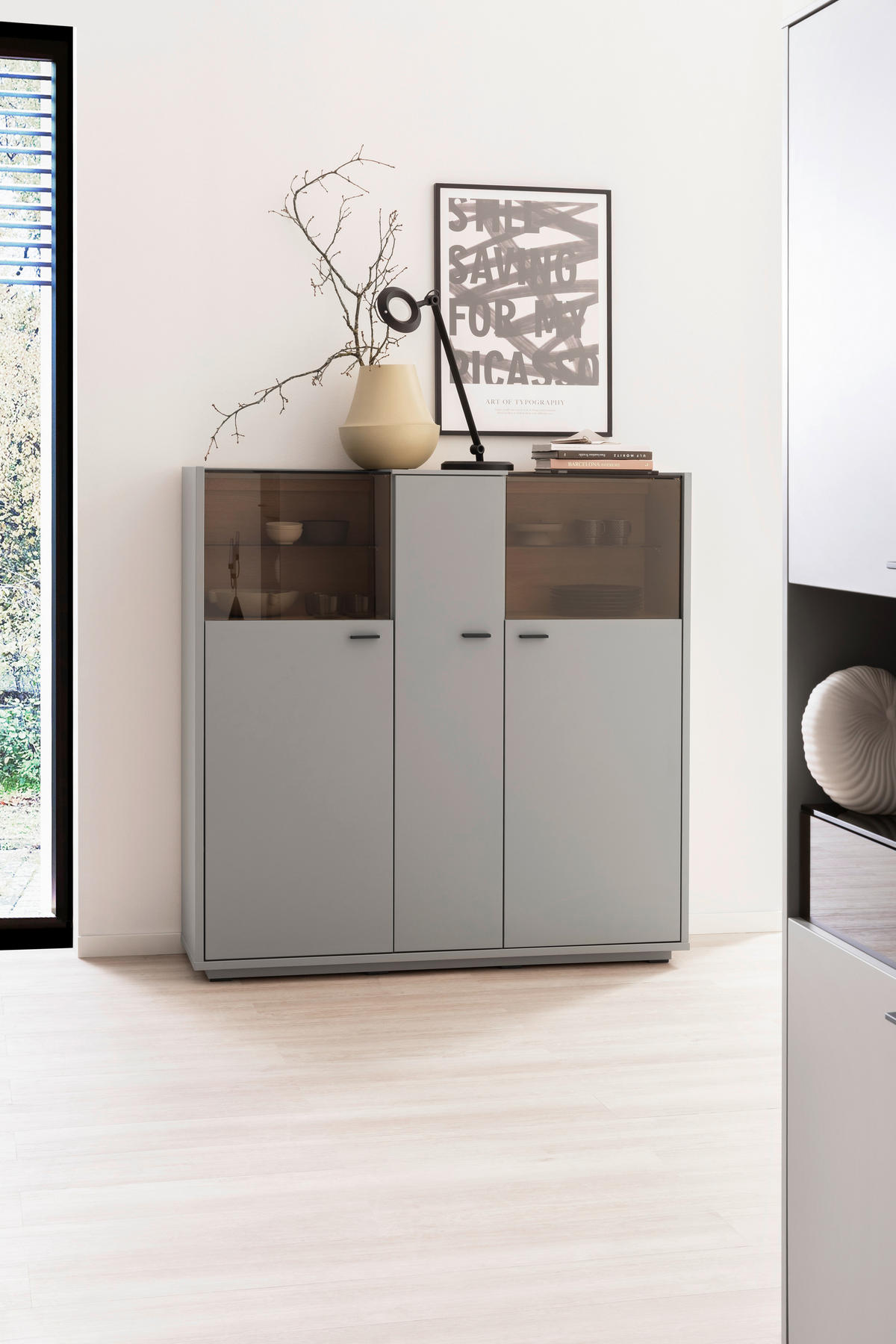 VISOKA KOMODA   135/136/37 cm   siva, boje hrasta  - siva/boje hrasta, Design, staklo/drvni materijal (135/136/37cm) - Stylife