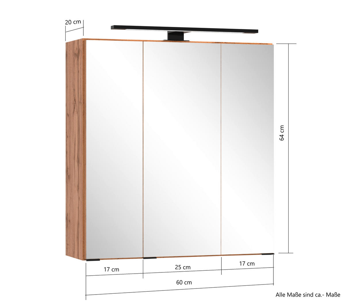 SPIEGELSCHRANK 60/67,5/20 cm  - Eiche Wotan/Schwarz, MODERN, Glas/Holzwerkstoff (60/67,5/20cm) - Held