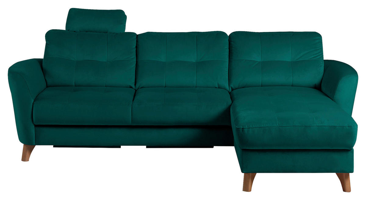 ECKSOFA Petrol Samt Bettkasten, Schlaffunktion, Liegefläche im Originalstoff  - Buchefarben/Petrol, Design, Holz/Textil (238/168cm) - Livetastic
