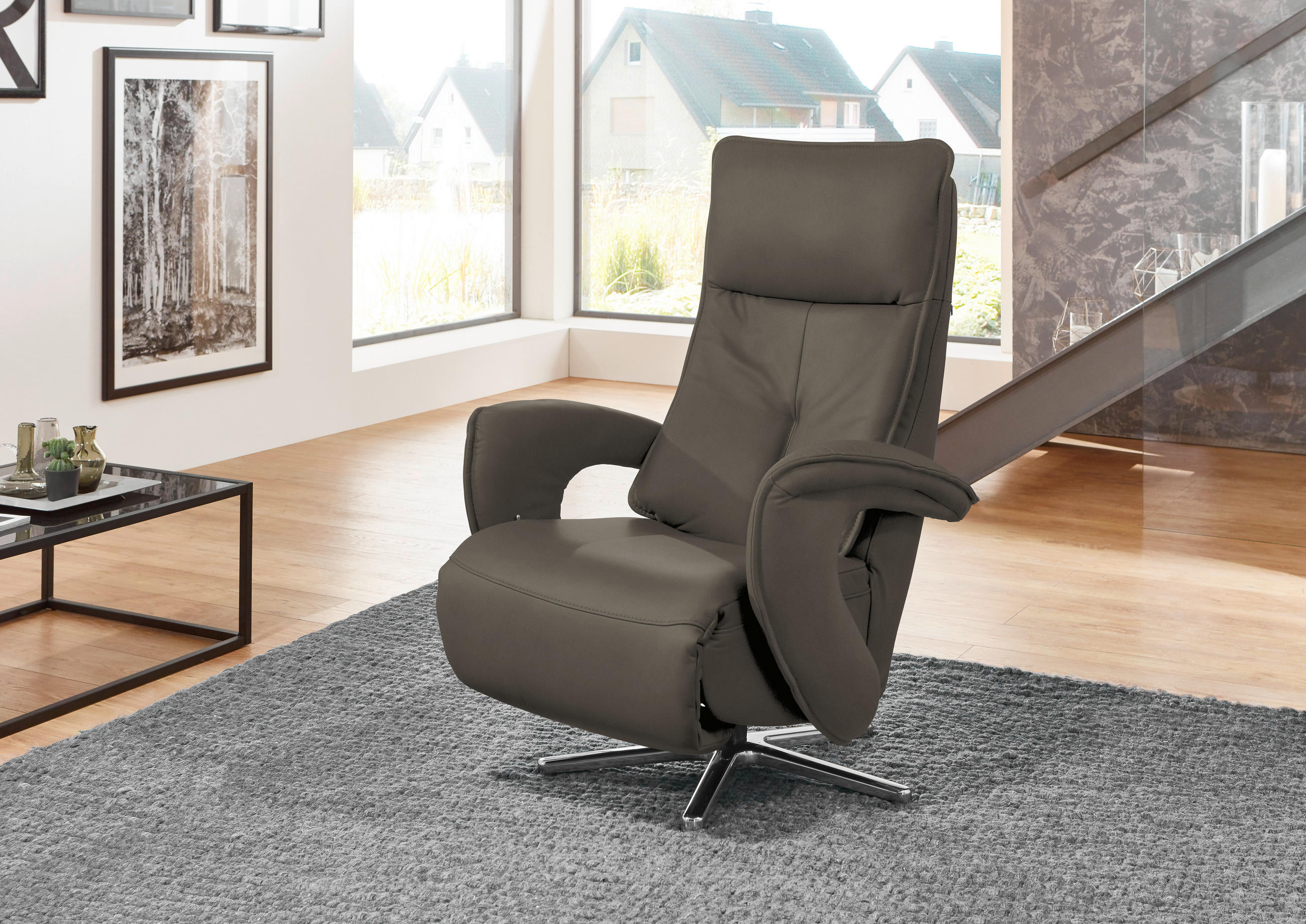 RELAXSESSEL in Leder Graubraun  - Chromfarben/Graubraun, Design, Leder/Metall (77/110/87cm) - Valdera