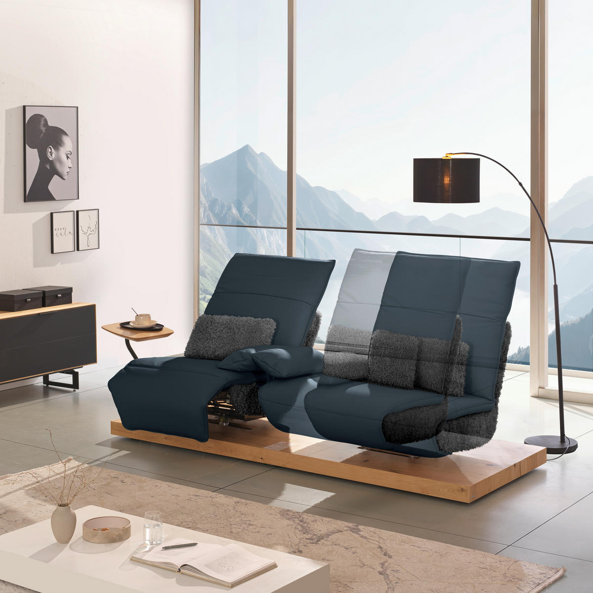 2-SITZER-SOFA  in Hochflor Echtleder Anthrazit, Blau  - Blau/Anthrazit, Design, Leder/Holz (240/65/104cm) - Koinor