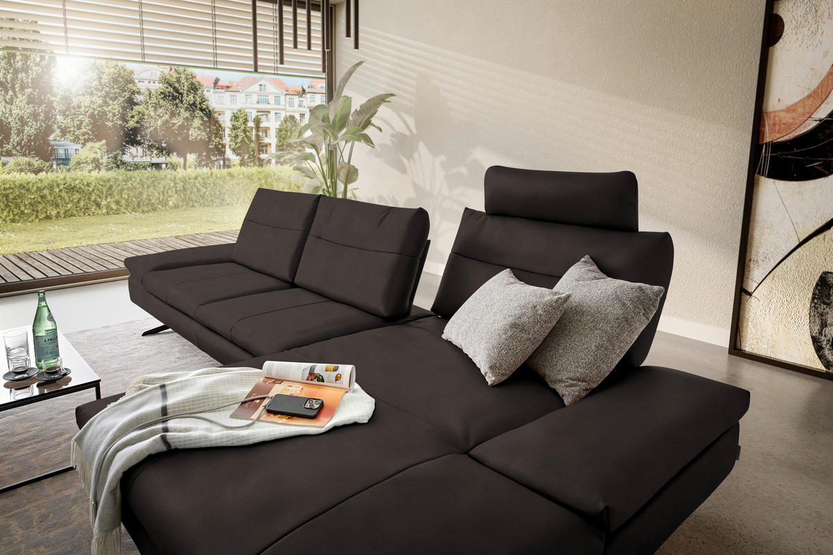 ECKSOFA in Echtleder Dunkelbraun  342/158 cm  - Dunkelbraun/Schwarz, MODERN, Leder/Metall (342/158cm) - Chilliano