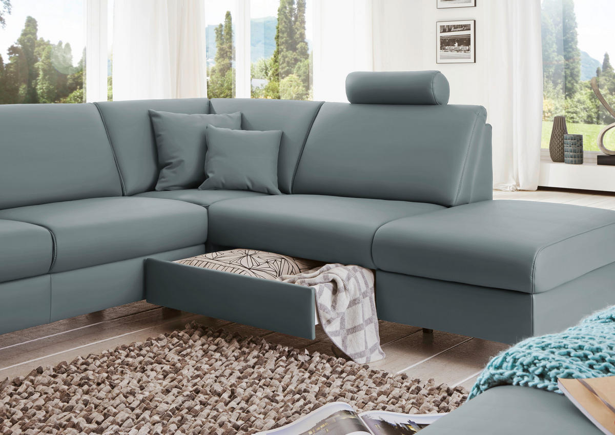 WOHNLANDSCHAFT in Echtleder Blaugrau  - Blaugrau/Alufarben, Design, Leder/Metall (165/339/233cm) - Beldomo Premium