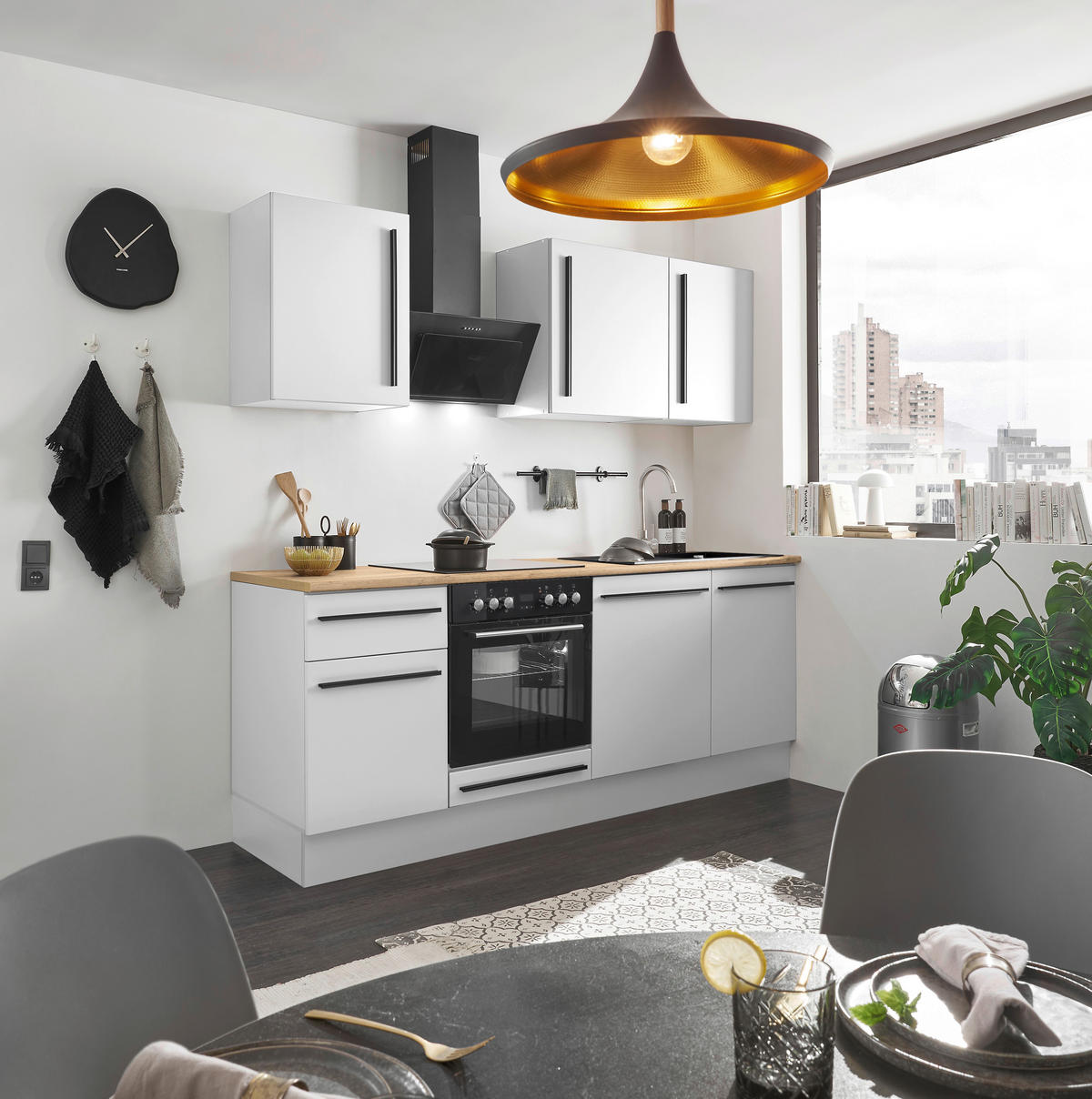 KÜCHENBLOCK 220 cm   in Weiß, Eichefarben  - Eichefarben/Schwarz, Design, Holzwerkstoff/Kunststoff (220cm) - MID.YOU