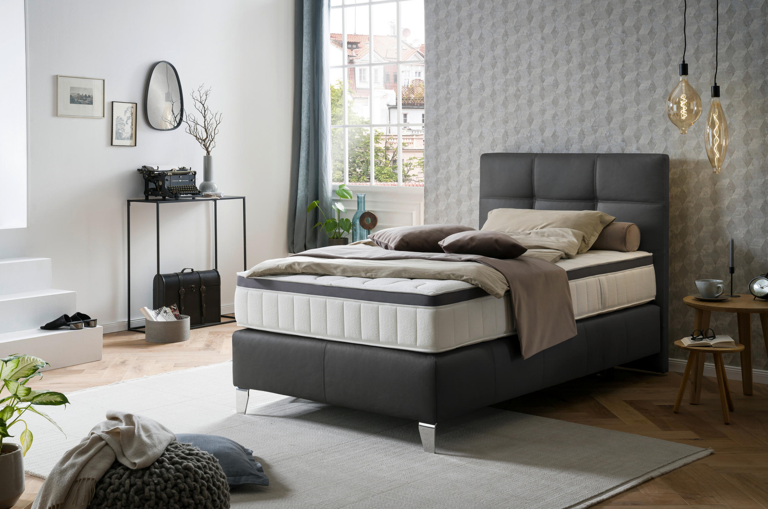 BOXSPRINGBETT inkl. Matratze, Topper - Chromfarben/Schwarz, KONVENTIONELL, Leder/Textil (120/200cm) - Novel