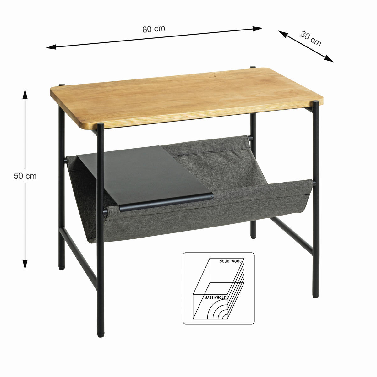 BEISTELLTISCH 38/60/50 cm Eiche massiv Grau, Schwarz, Eichefarben rechteckig  - Eichefarben/Schwarz, Design, Holz/Textil (38/60/50cm)
