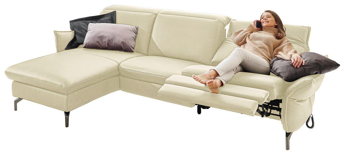 ECKSOFA in Echtleder Creme  - Creme/Nickelfarben, Modern, Leder/Metall (179/233cm) - Livetastic