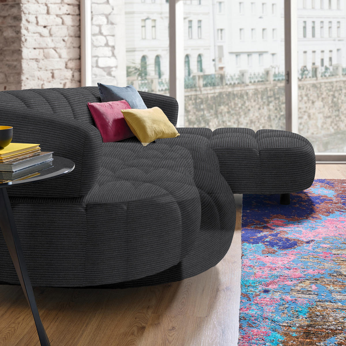 ECKSOFA in Cord, Velours Anthrazit  - Anthrazit/Schwarz, Design, Holz/Textil (284/183cm) - Welnova