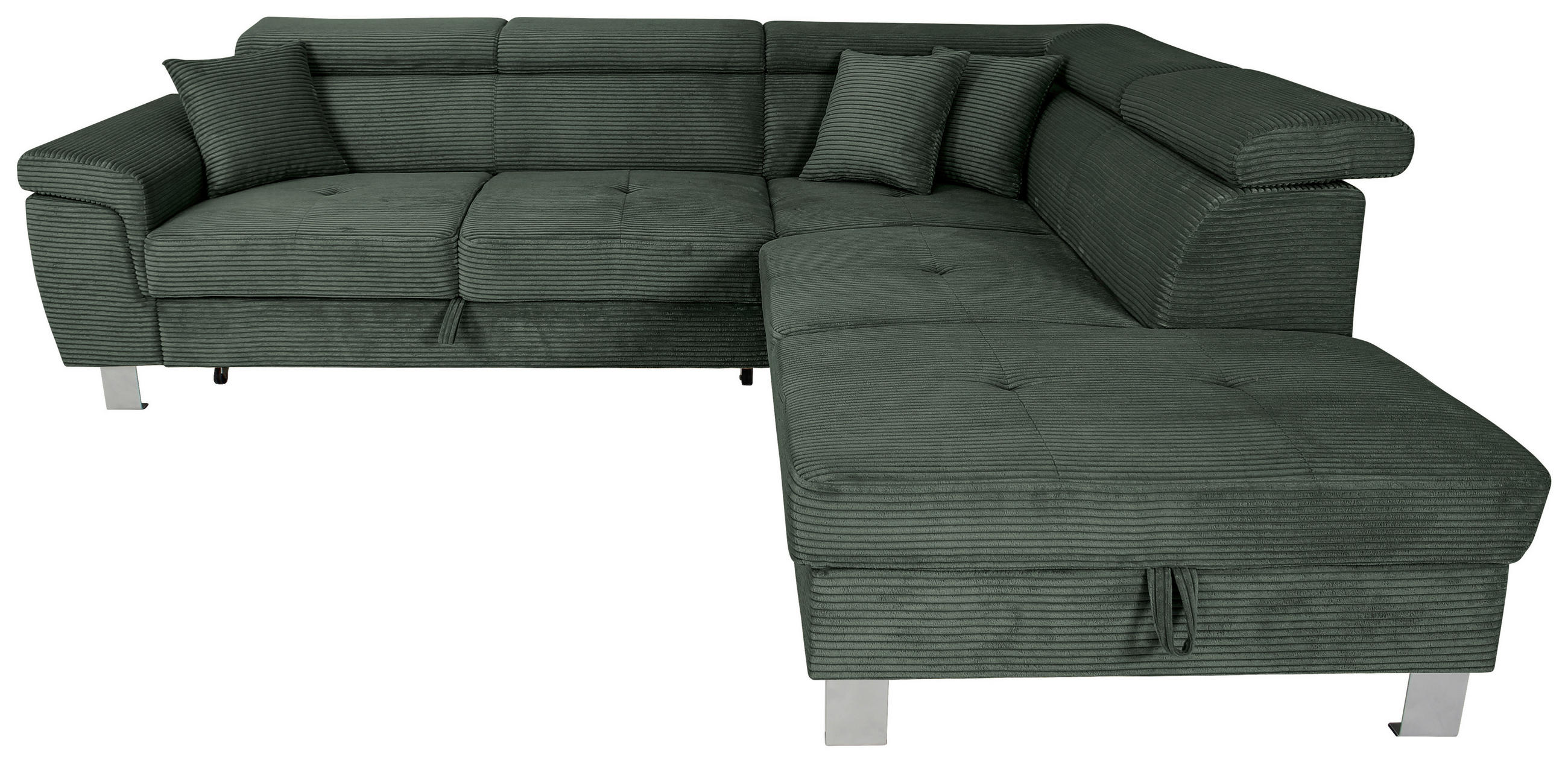 ECKSOFA inkl. Funktionen Waldgrün Cord  - Waldgrün/Silberfarben, Design, Textil/Metall (257/226cm) - Xora
