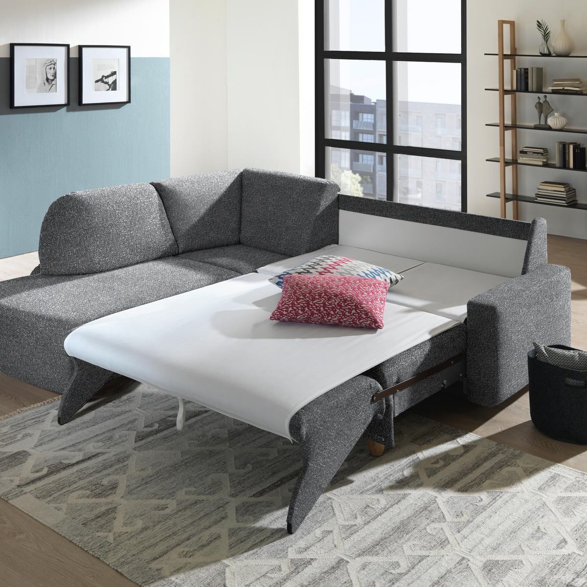 ECKSOFA  in Mikrovelours Grau  208/227 cm  - Eichefarben/Rot, KONVENTIONELL, Holz/Textil (208/227cm) - Sedda