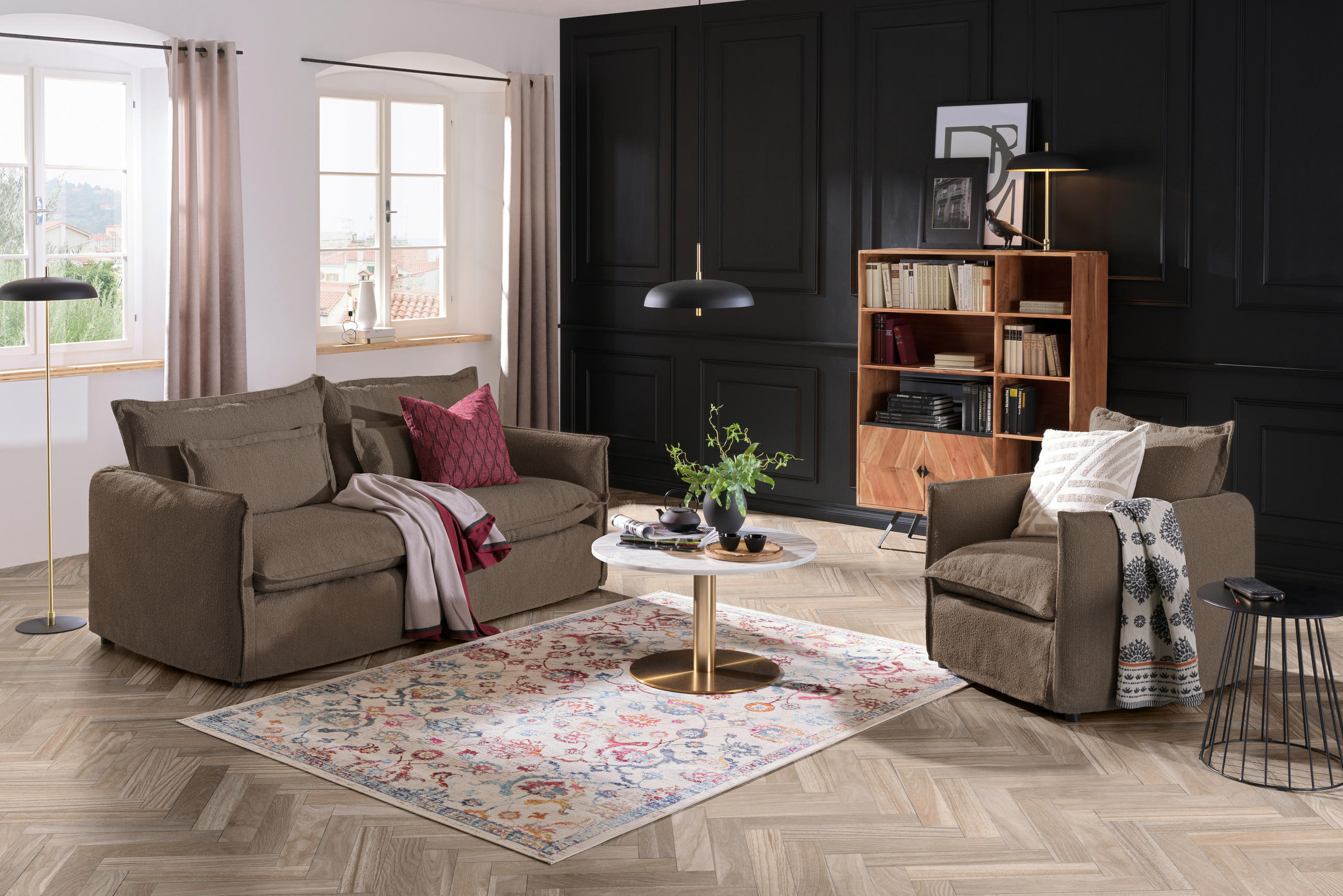 HUSSEN-SOFA Flachgewebe, Bouclé Braun  - Braun, Trend, Textil/Metall (195/82/98cm) - Livetastic