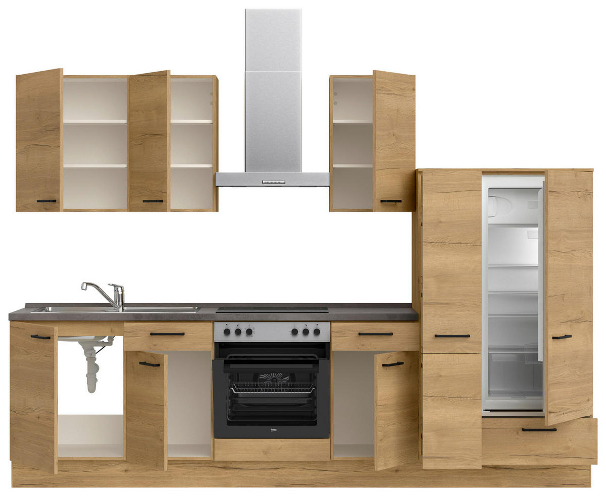 KÜCHENBLOCK 300 cm   in Eichefarben, Schieferfarben  - Schieferfarben/Eichefarben, MODERN, Holzwerkstoff/Metall (300cm) - Nobilia