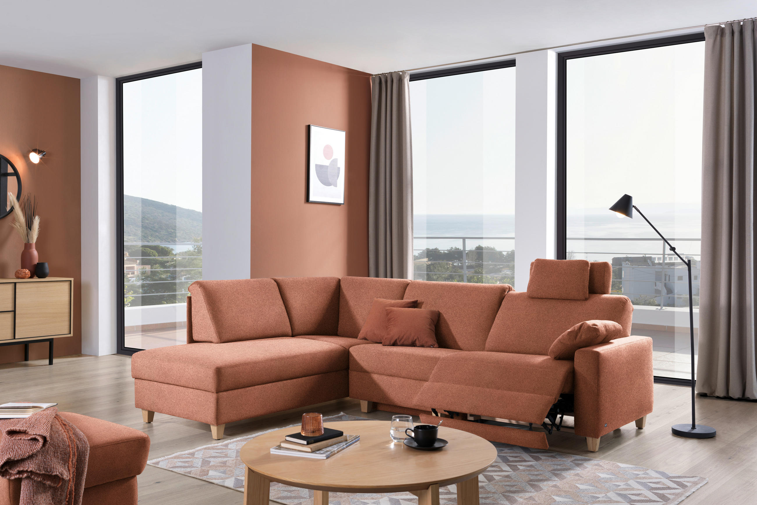 ECKSOFA in Flachgewebe Terracotta  203/261 cm  - Eichefarben/Terracotta, KONVENTIONELL, Holz/Textil (203/261cm) - Sedda