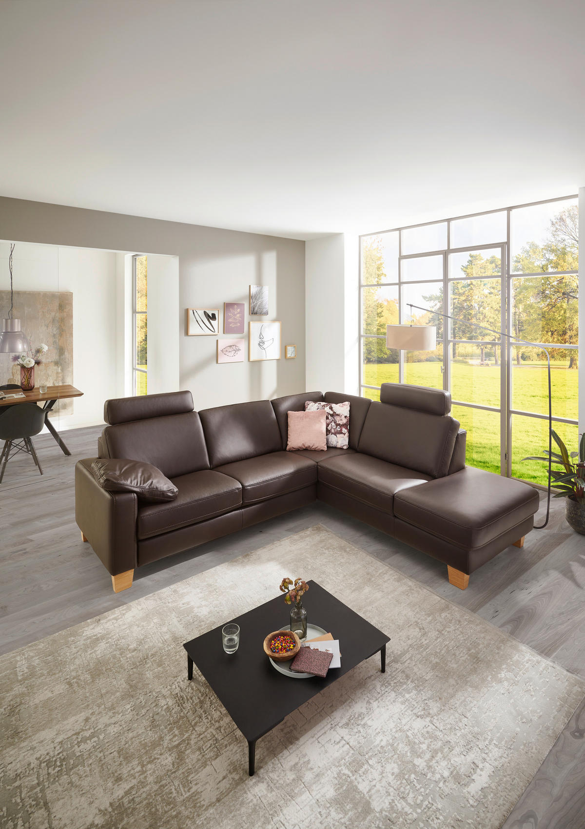 ECKSOFA Echtleder Dunkelbraun  - Eiche Bianco/Dunkelbraun, Natur, Leder/Holz (257/235cm) - Valdera