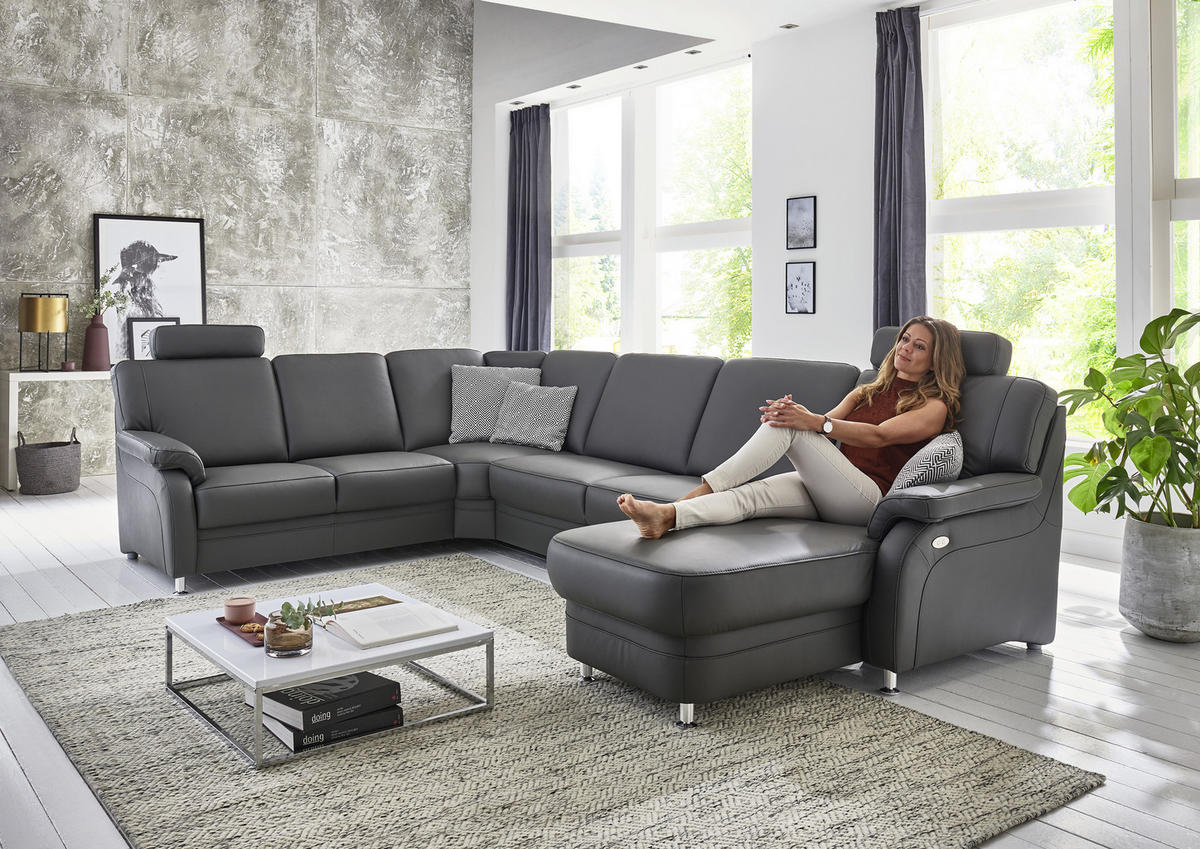 WOHNLANDSCHAFT in Echtleder Anthrazit  - Anthrazit/Alufarben, Konventionell, Leder/Metall (239/329/165cm) - Beldomo Premium
