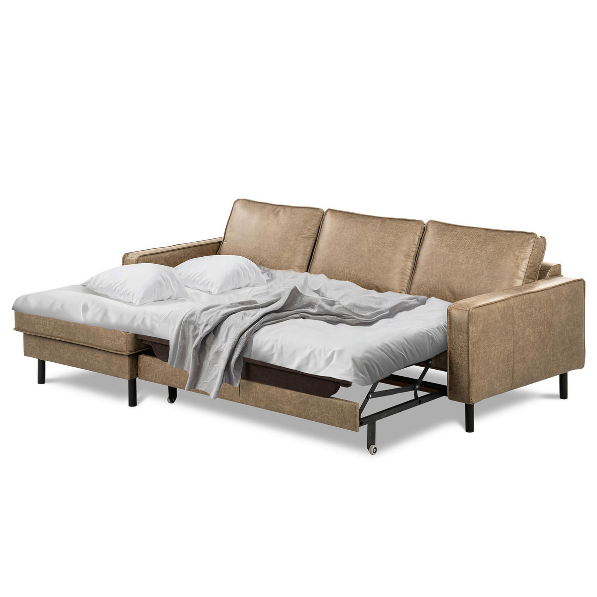 ECKSOFA Graubraun Echtleder Lederlook Bettkasten, Schlaffunktion, Rücken echt  - Graubraun/Schwarz, Design, Leder/Textil (166/238cm) - Livetastic