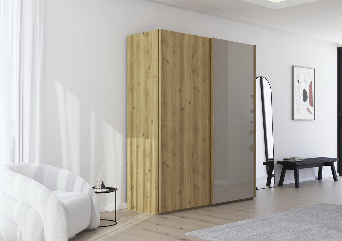 SCHWEBETÜRENSCHRANK 180/223/68 cm 2-türig Eichefarben, Fango  - Fango/Eichefarben, Design, Glas/Holz (180/223/68cm) - Novel