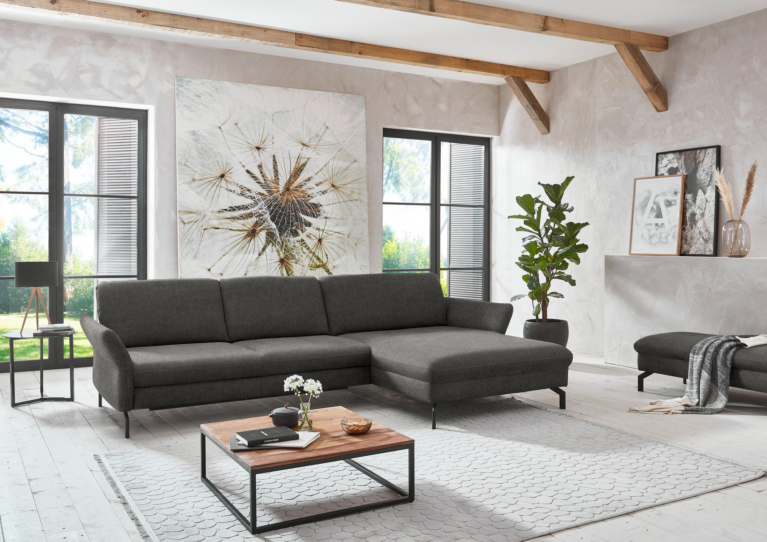 ECKSOFA in Velours Grau  - Schwarz/Grau, Design, Textil/Metall (306/179cm) - Beldomo System