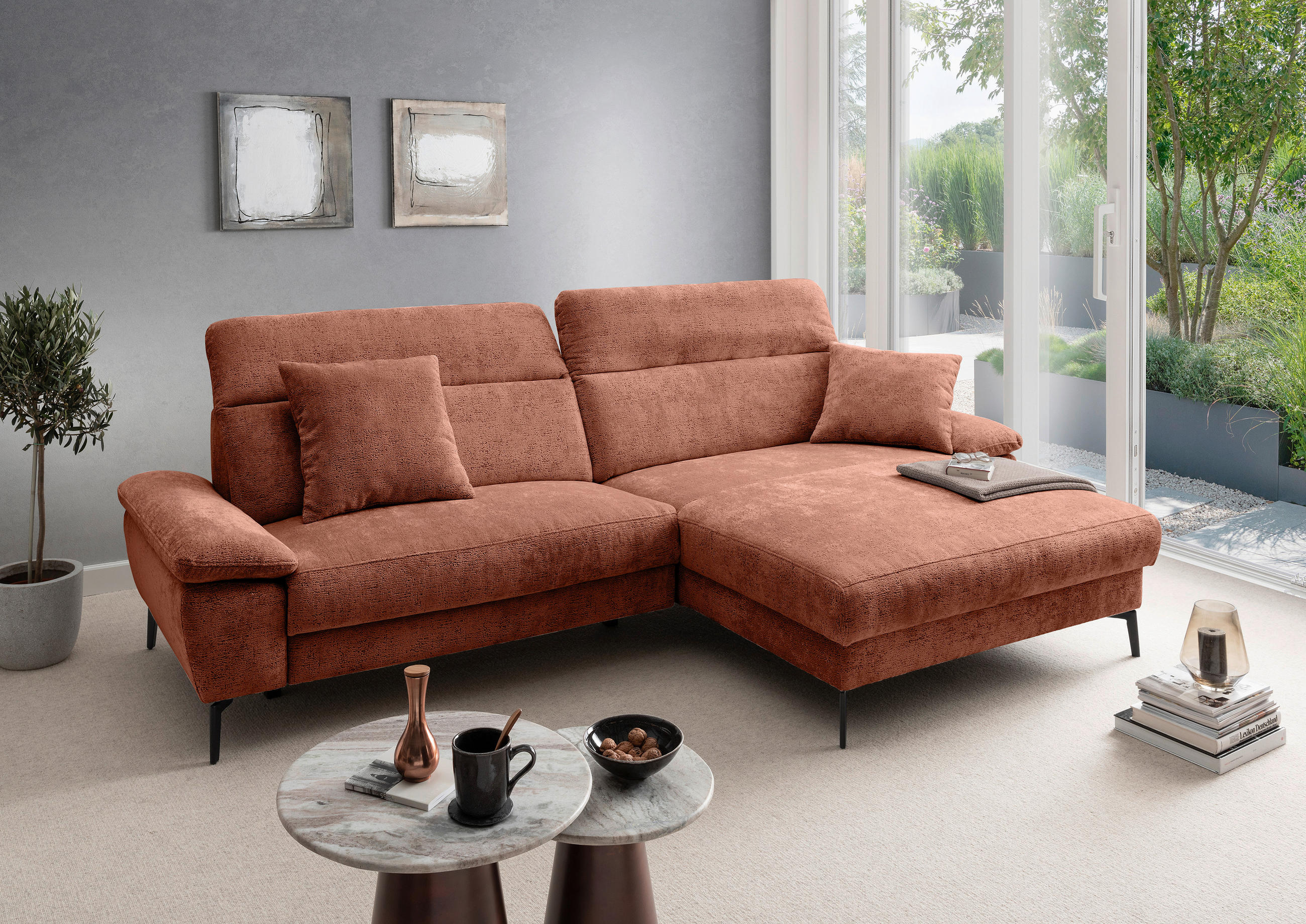 ECKSOFA Chenille Rostfarben  - Rostfarben/Schwarz, Konventionell, Textil/Metall (300/178cm) - Livetastic