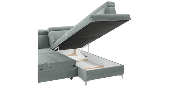ECKSOFA Mintgrün Mikrofaser  inkl. Bettkasten, Schlaffunktion, Rücken echt, Kopfteilverstellung, Liegefläche im Originalstoff  - Chromfarben/Mintgrün, KONVENTIONELL, Textil/Metall (271/206cm) - Carryhome
