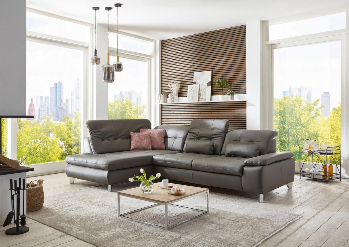 ECKSOFA in Echtleder Grau  - Grau, Basics, Leder/Metall (211/309cm) - Beldomo Speed
