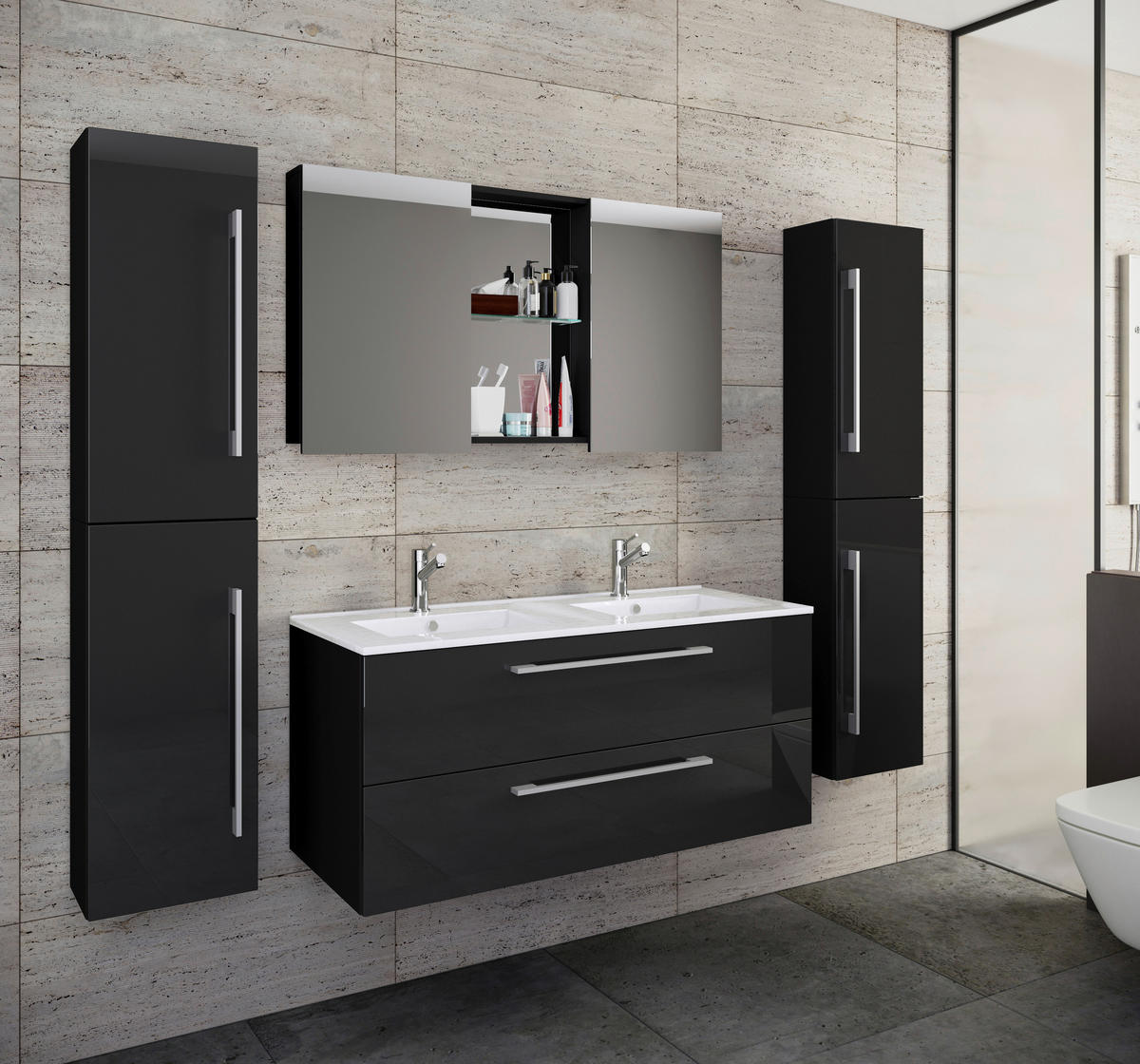 Badezimmer ''Budasi'', 5-teilig  in 178 cm  - Alufarben/Schwarz, MODERN, Keramik/Holzwerkstoff (178cm) - MID.YOU