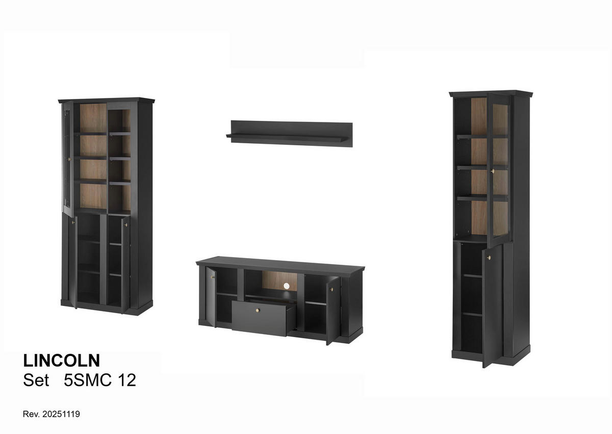 WOHNWAND 4-teilig  in Schwarz, Eichefarben  319/200/42 cm  - Eichefarben/Messingfarben, Design, Holzwerkstoff/Metall (319/200/42cm) - MID.YOU